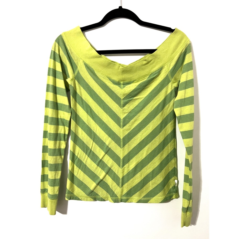 HOLLISTER Vintage Green Striped Long Sleeve Top Y2K Chevron Boat Neck L